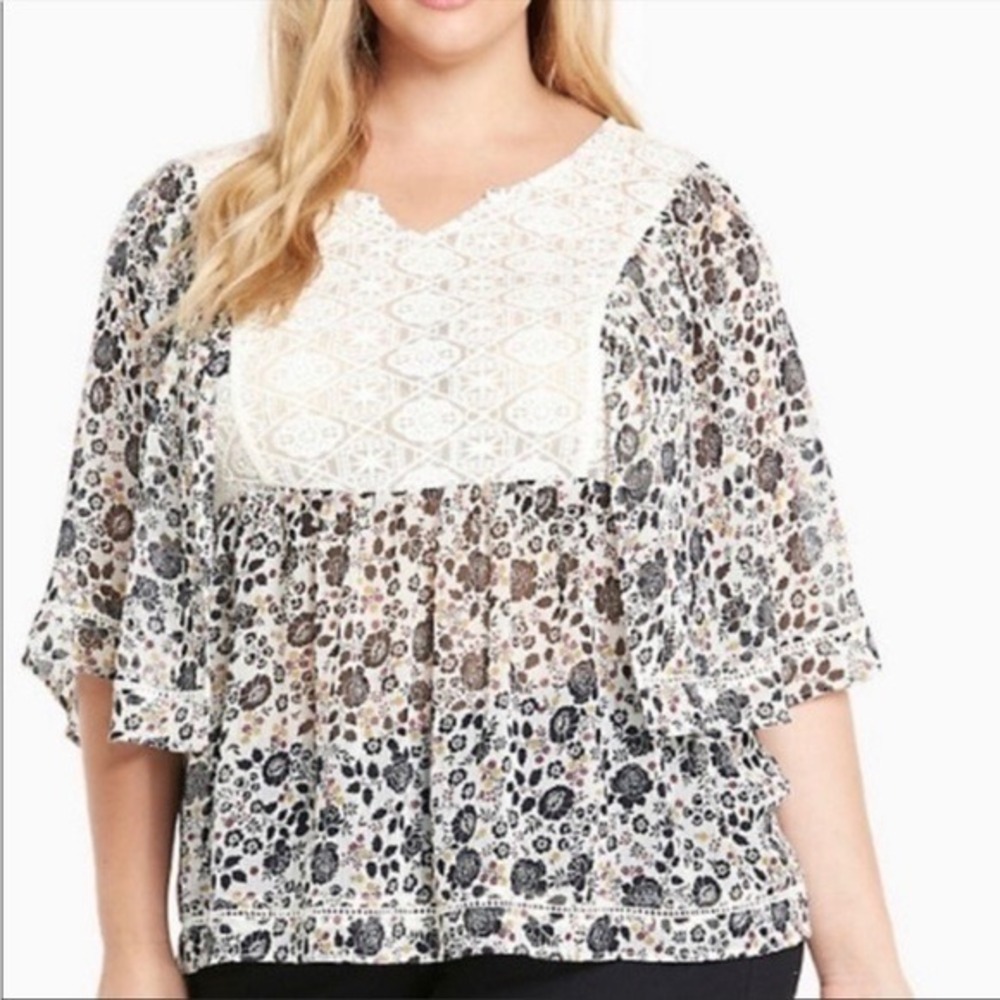 Torrid Floral Lace Babydoll Top Kimono Sleeve Boho Chiffon Blouse Plus Size kk